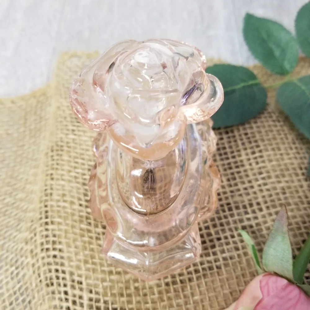 Vintage Pink Glass Perfume Bottle With Rose Stopper - Picture 3 of 16